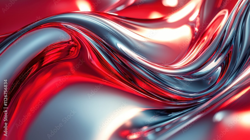 Poster shiny red and silver abstract wave texture with glossy surface and fluid motion