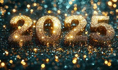 Happy New Year 2025 with golden numbers on a green background, with a glowing and sparkling effect.