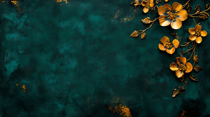 Artistic wallpaper in deep emerald green with golden floral accents, creating luxurious and elegant atmosphere. Perfect for interior design and decoration