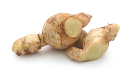 Sliced fresh ginger root isolated on white background,Craiova,Romania - stock photo
