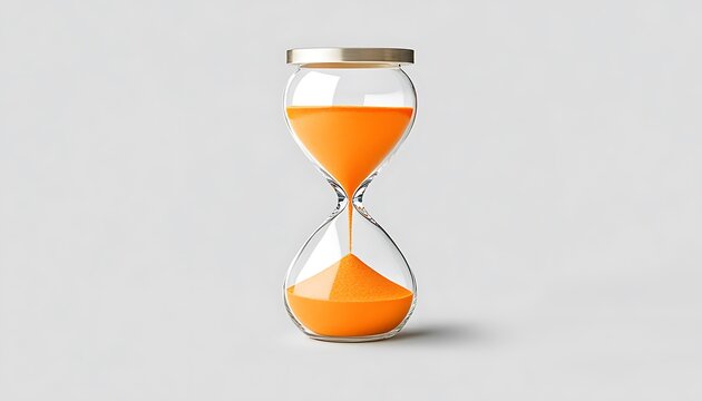 Hourglass with bold orange sand against a light gray solid background, minimalistic and striking