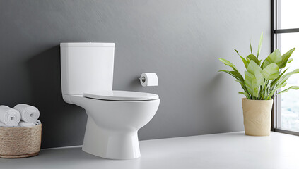 modern white toilet bowl against grey wall, complemented by potted plant and neatly arranged towels in basket, creates serene bathroom atmosphere