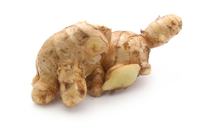Sliced fresh ginger root isolated on white background,Craiova,Romania - stock photo
