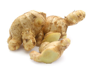 Sliced fresh ginger root isolated on white background,Craiova,Romania - stock photo
