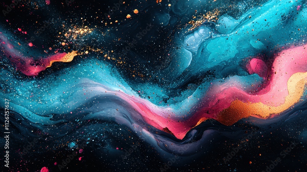 Poster colorful abstract art with vibrant waves and sparkling textures in dark background