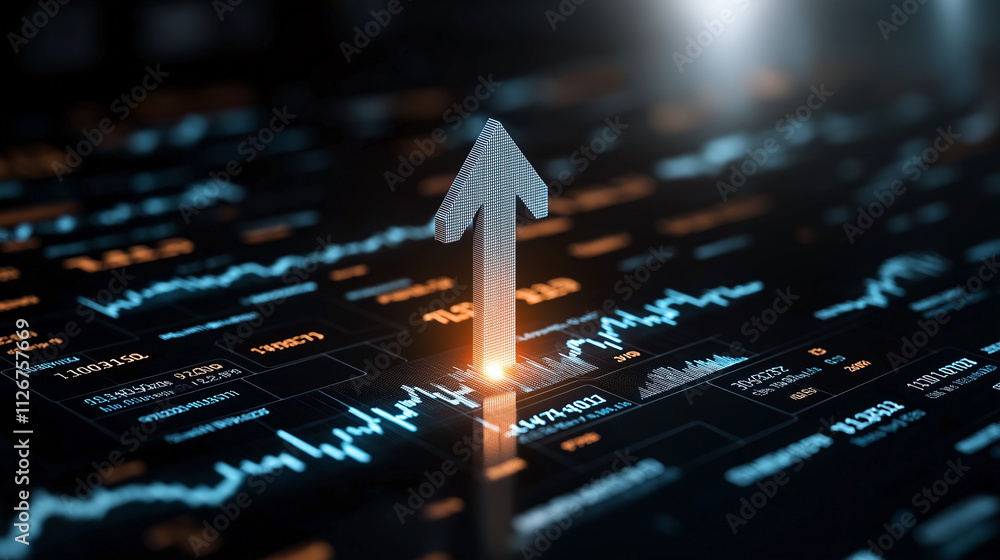 Aufkleber digital arrow pointing upwards on dark background with data graphs, symbolizing growth and progress 