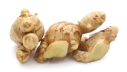 Sliced fresh ginger root isolated on white background,Craiova,Romania - stock photo
