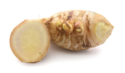 Sliced fresh ginger root isolated on white background,Craiova,Romania - stock photo
