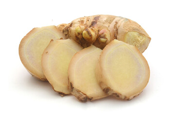 Sliced fresh ginger root isolated on white background,Craiova,Romania - stock photo
