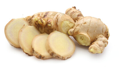Sliced fresh ginger root isolated on white background,Craiova,Romania - stock photo
