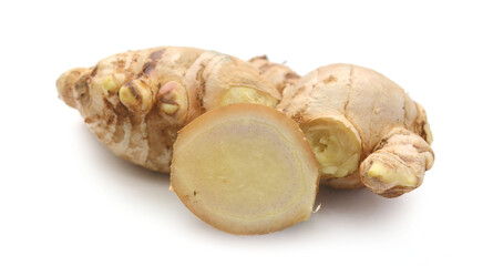Sliced fresh ginger root isolated on white background,Craiova,Romania - stock photo
