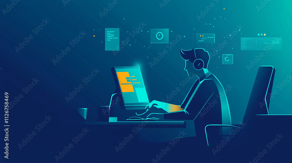 Poster a flat design illustration of an it support agent adjusting a glowing mouse, with minimal floating i