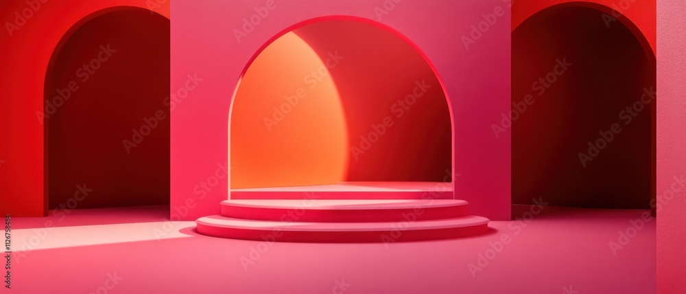 Poster abstract pink and red archway stage with circular steps for product display