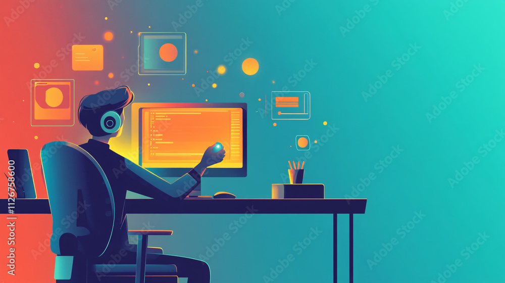 Poster a flat design illustration of an it support agent adjusting a glowing mouse, with minimal floating i