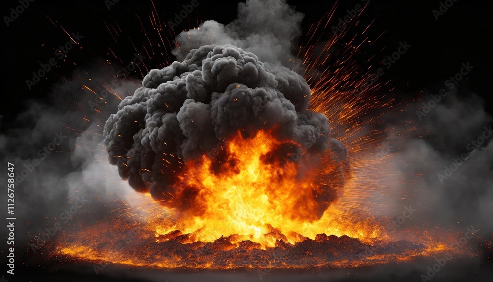 Poster realistic fiery explosion with sparks large fireball and black smoke captivating visual of an explos