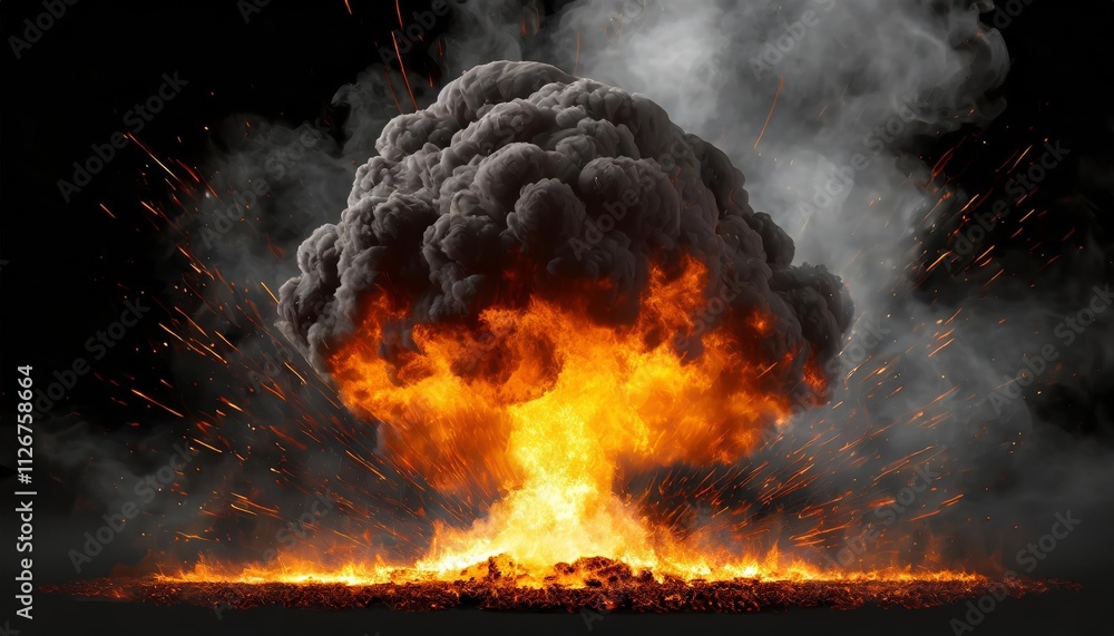 Poster realistic fiery explosion with sparks a dramatic large fireball surrounded by black smoke captured i