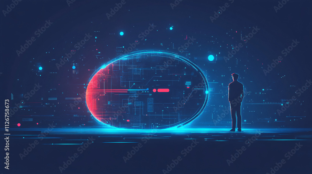 Poster a flat design illustration of an it support agent standing with a large glowing mouse, with minimal 