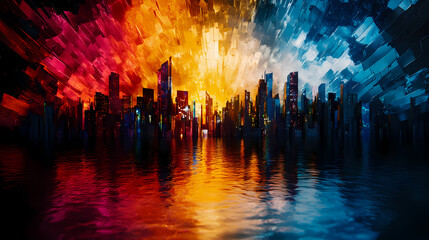 Fototapeta premium vibrant skyline view reflecting through fragmented glass prism, showcasing stunning blend of colors from warm oranges and reds to cool blues. cityscape is mirrored water, creating mesmerizing