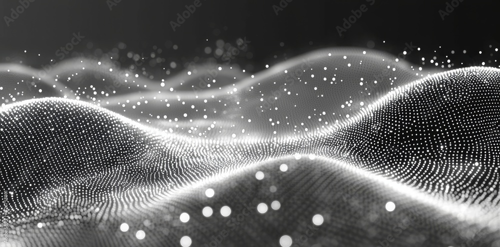 Aufkleber a 3d wave pattern of flowing dots and particles, forming a halftone black gradient curve shape, isol