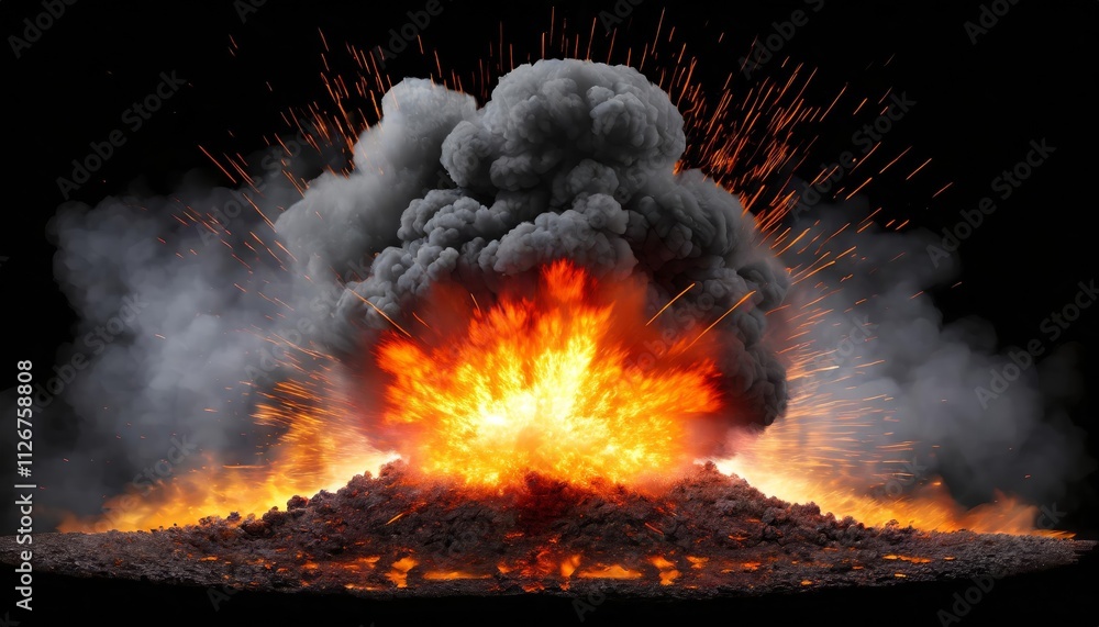 Poster realistic fiery explosion png captivating fireball with sparks and black smoke, perfect for dynamic 