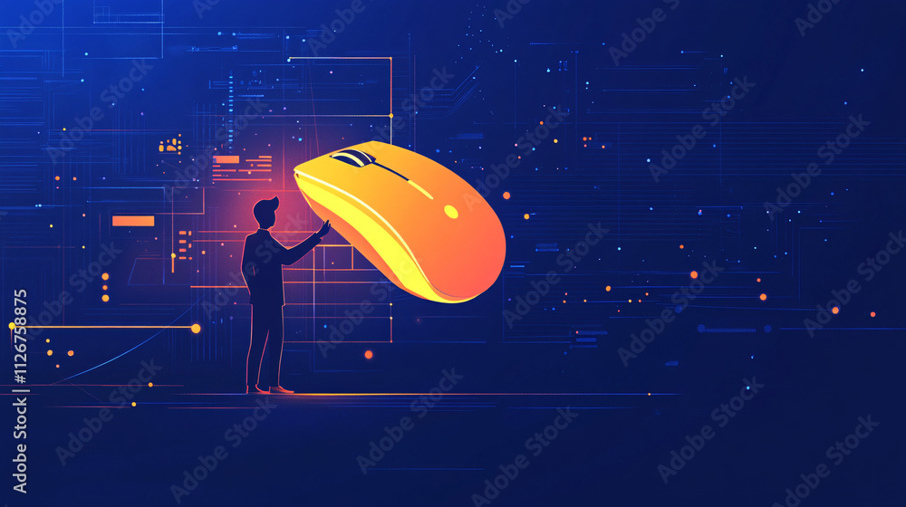 Poster a flat design illustration of an it support agent standing with a large glowing mouse, with minimal 