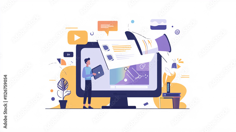 Poster a flat design illustration of an it support man holding an oversized mouse, with minimalist elements