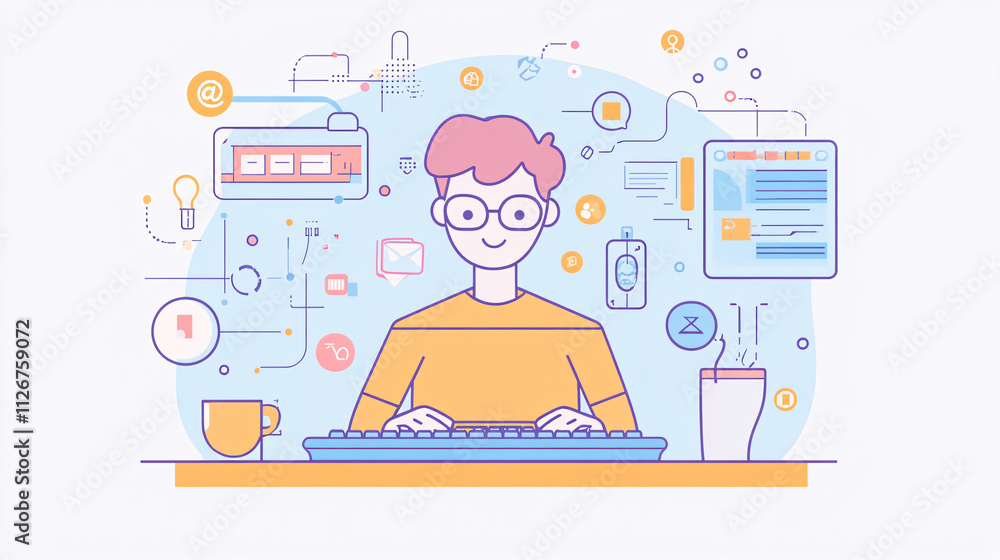 Poster a flat design illustration of an it support man typing on a keyboard, with minimal lines and pastel 