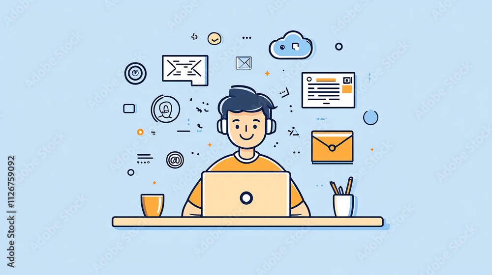Poster a flat design illustration of an it support man typing on a keyboard, with minimal lines and pastel 