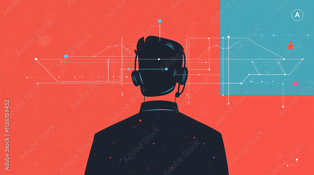 Poster a flat design of a man with a headset, looking at a screen with lines representing data, in a minima