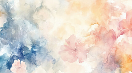 Soft watercolor florals in pastel tones, subtly scattered across a pale grayish-white background,