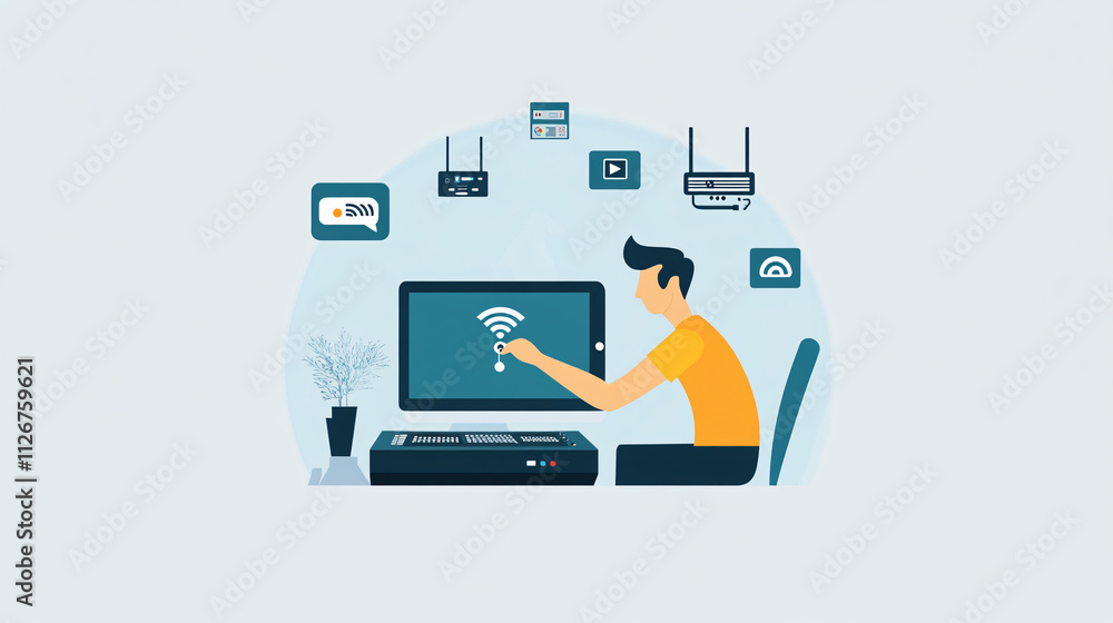 Poster a flat design of an it support person adjusting a router, with a clean, minimalist tech background a