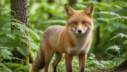 Fototapeta premium Close-up of a fox standing alert in a forest clearing, with intense eyes and lush green foliage around