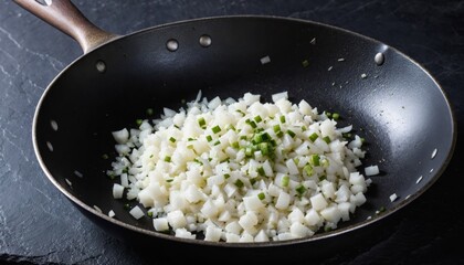 Close-up of a frying pan with chopped onions standing on a dark surface