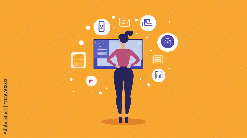 Poster a flat, minimalist figure standing in front of a screen, hands on hips, with minimal settings icons 