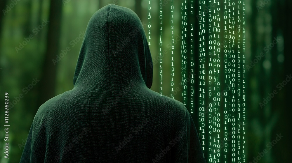 Poster mysterious figure in hooded cloak surrounded by binary code in a dark forest setting symbolizing dat