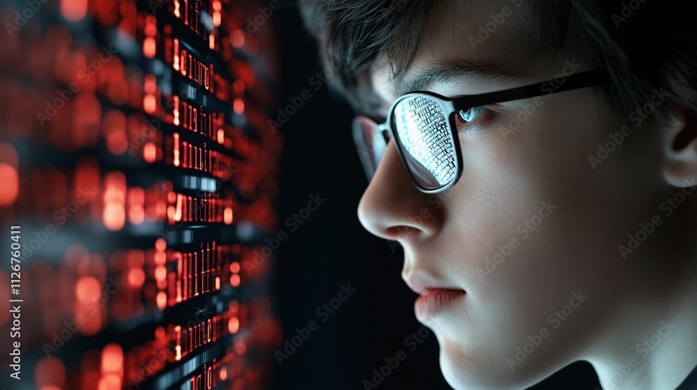 Poster close-up profile of a young person analyzing data on a glowing digital interface representing a cybe