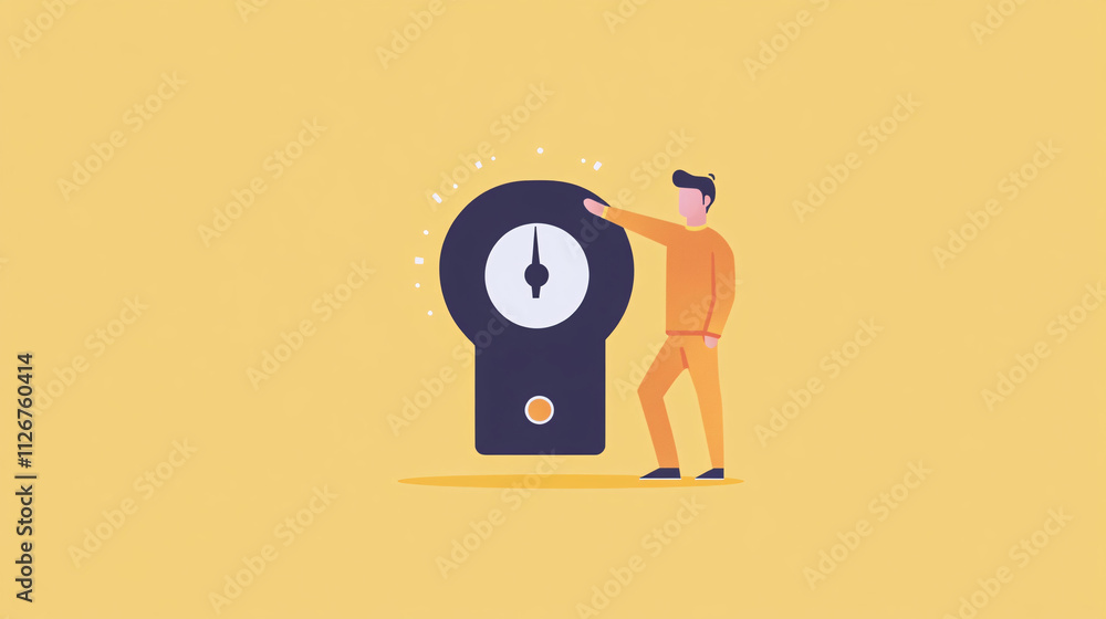 Poster a flat vector of a man adjusting a large power icon, with clean lines symbolizing system reboots and