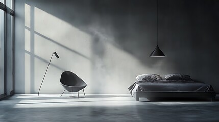 Modern minimalist bedroom with large window, chair, and bed.