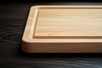 Wooden cutting board on the kitchen table. Design mockup desk template for products, menu and advertising with space for text. Vintage rustic style, eco products and recipes.