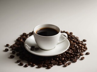 Obraz premium Cup of coffee surrounded by aromatic coffee beans.