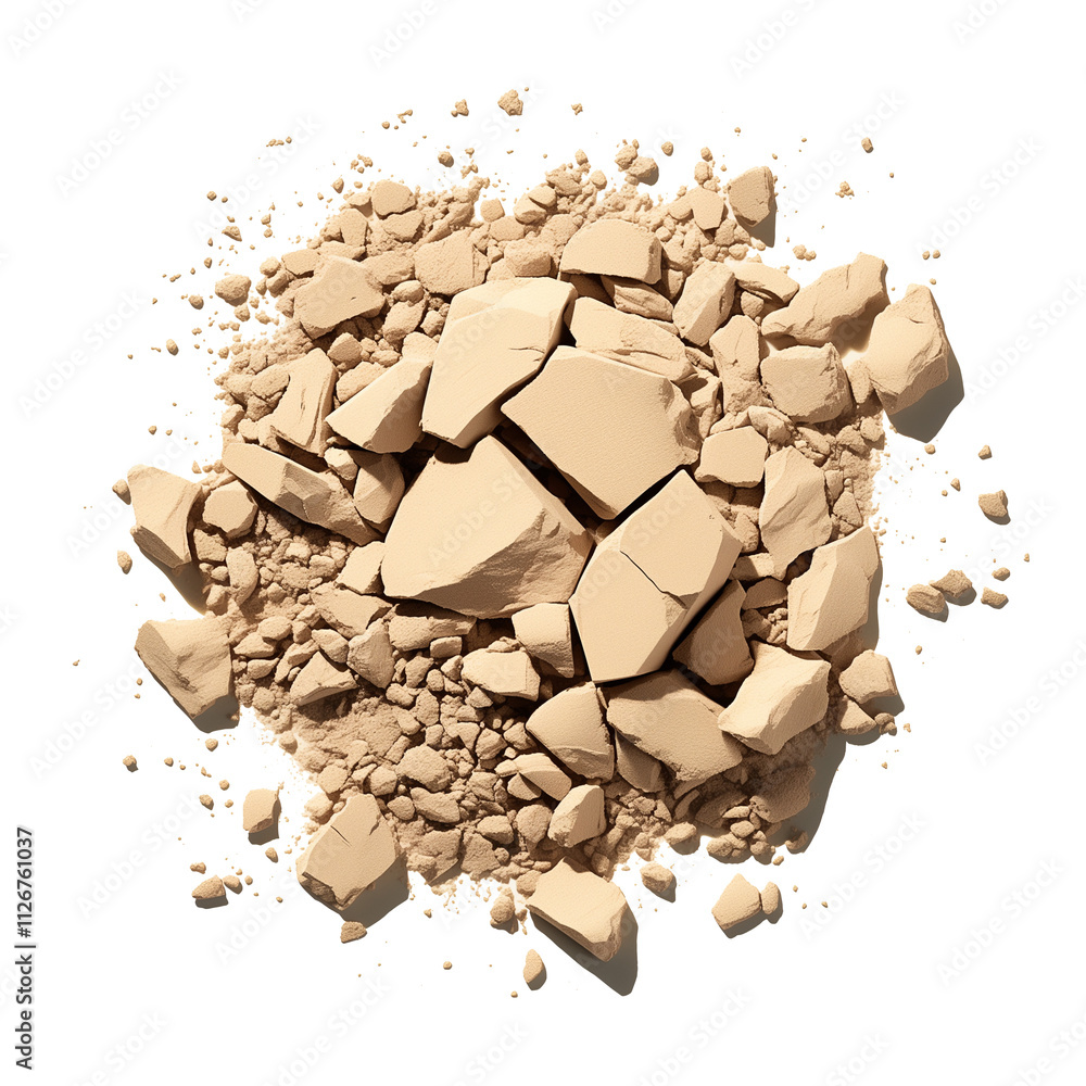 Poster crushed beige setting powder scattered on transparency background, showcasing texture and detail