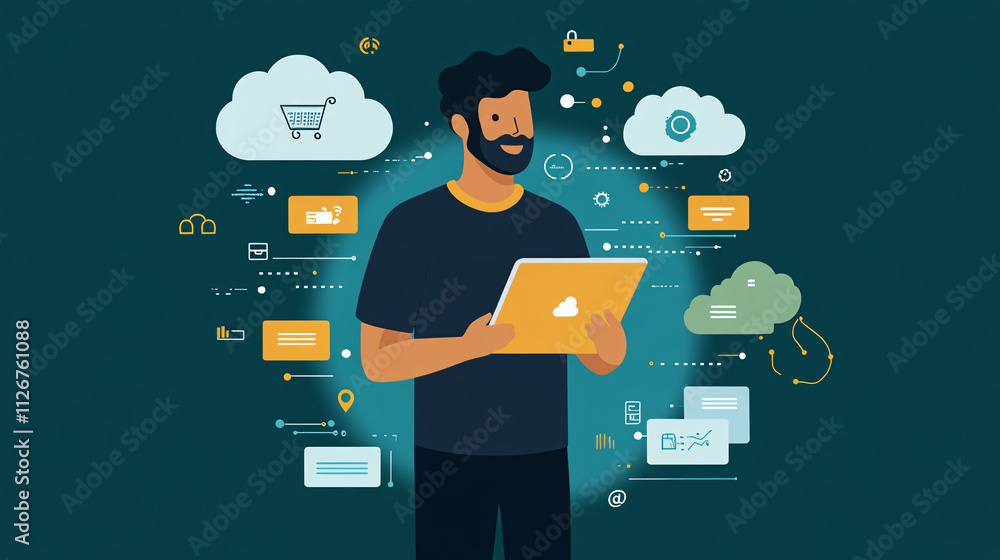 Poster a flat vector of a tech professional holding a digital tablet, with floating lines representing clou