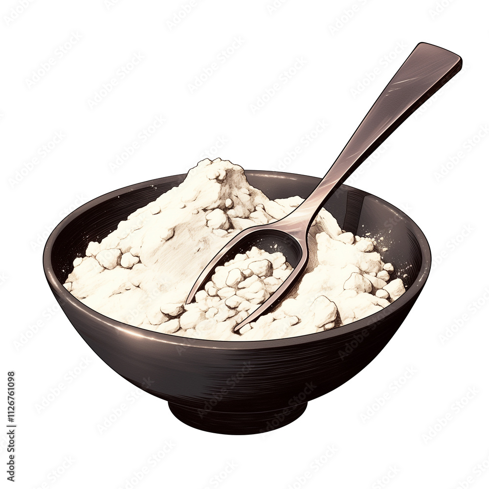 Poster bowl of loose setting powder with scoop, isolated on transparency background