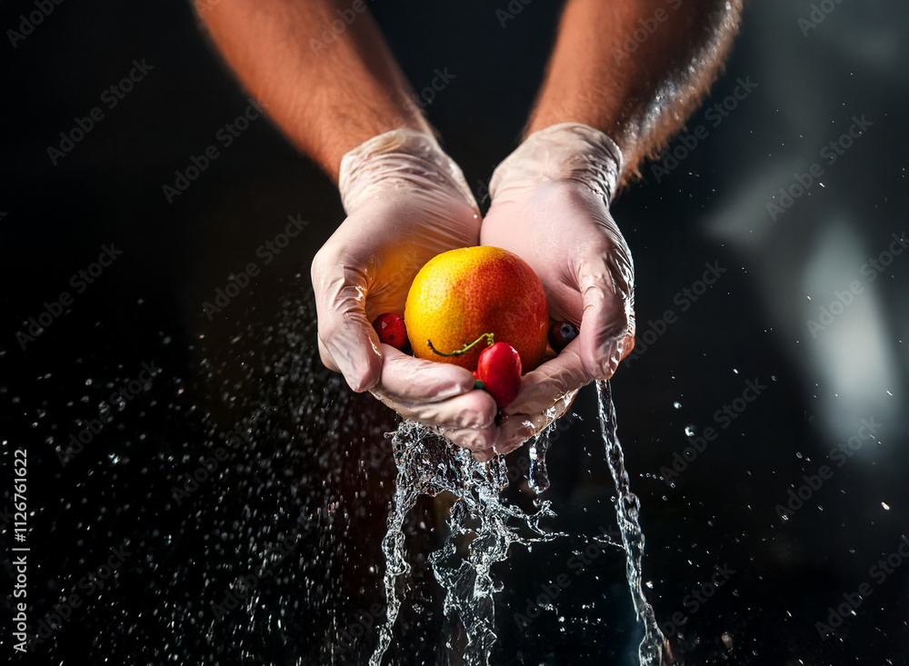 Poster two gloved hands gently cradle a peach and cherries, water cascading down as they're rinsed. cleanli