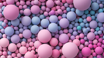 Pile of colorful smooth pastel gradient balls in various sizes. Many bright pink purple blue random soft balls. Colorful balloons wall decoration. Dynamic vibrant spheres texture. Vector background
