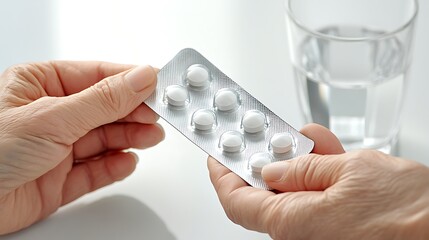 3. A close-up of elderly hands holding a blister pack of pills with a glass of water in the background - Powered by Adobe