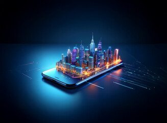 A vibrant, futuristic cityscape miniature sits atop a smartphone, glowing with neon lights and connected by digital streams.  It symbolizes technological advancement and urban connectivity.