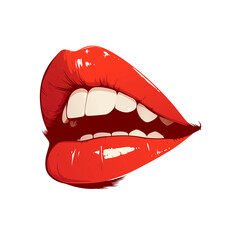 Glossy red lips biting gently, showcasing sensuality and boldness on transparency background