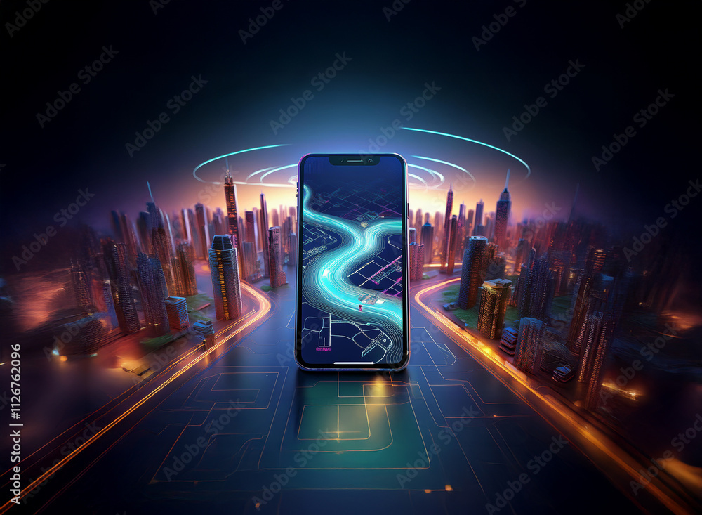 Leinwandbilder a futuristic city skyline reflected on a smartphone displaying a glowing navigation map. the phone r