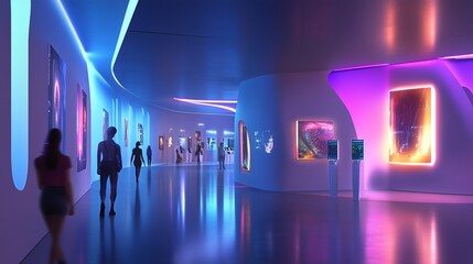 A sleek gallery featuring robotic curators showcasing glowing holographic artwork in vibrant neon blue and purple tones, with visitors exploring using digital guides.